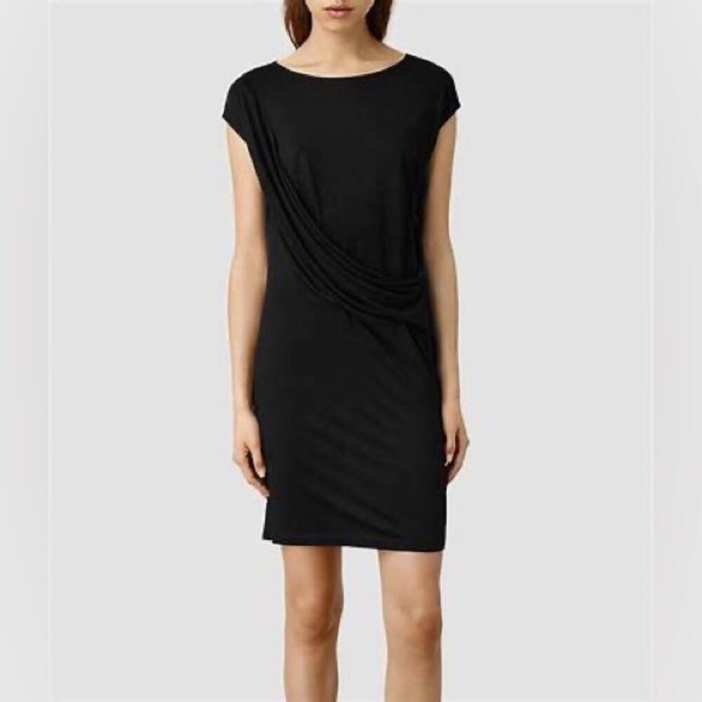 All Saints Sabie Wo Black Draped Viscose Cap Sleeve Mini Dress Size 2
